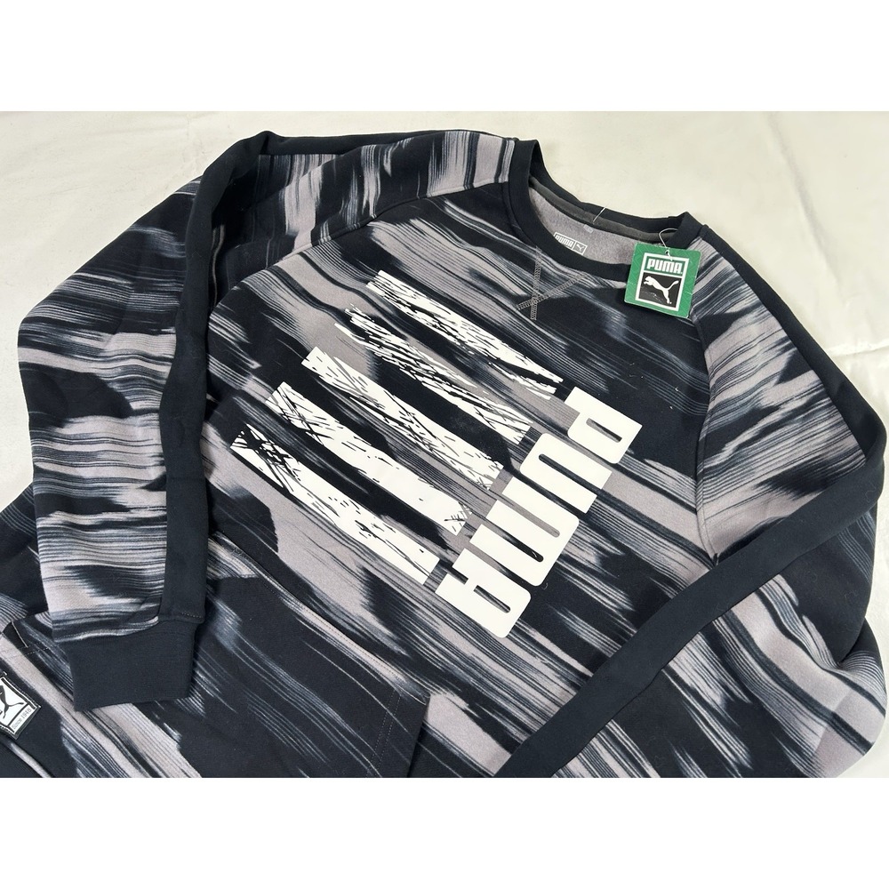 NWT Puma Men's Large Blocked Crew Sweatshirt Black & Steel Gray Print